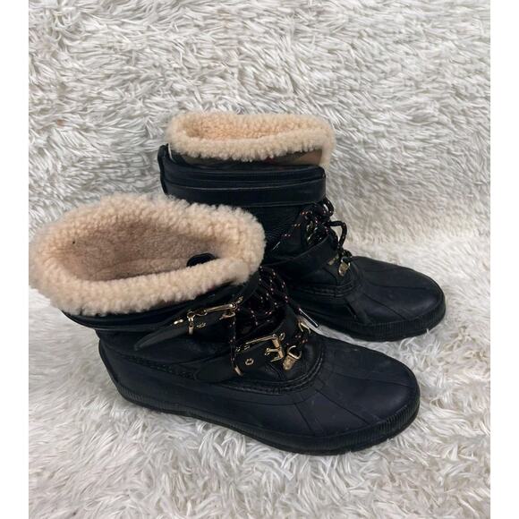 Burberry Windmere Boots Black Buckle Nova Check Shearling Trim Duck Booties READ - Picture 1 of 12